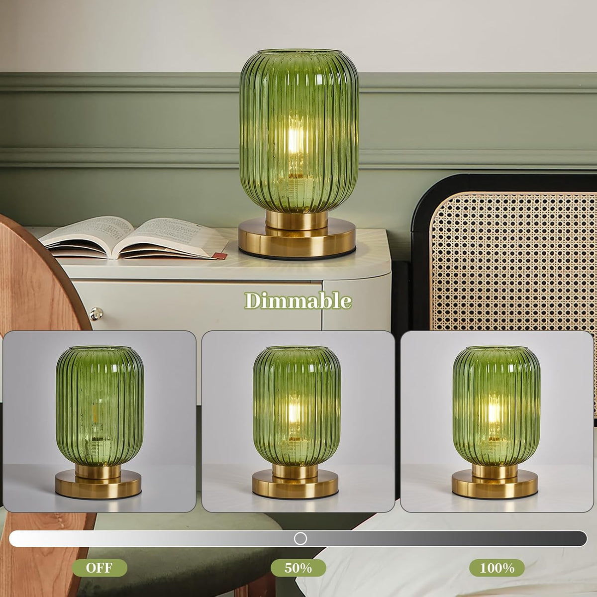 Green Glass Table Lamp,Vintage Gold Base Ribbed Bedside Lamp