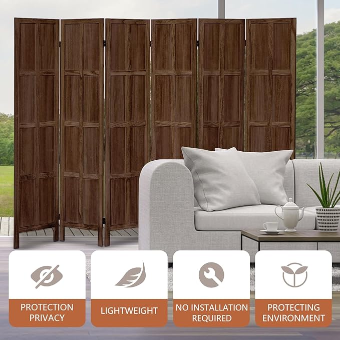 Leesinwing Wood Room Divider 6 Panel Folding Privacy Screen, Classic 5.6Ft - Image 7