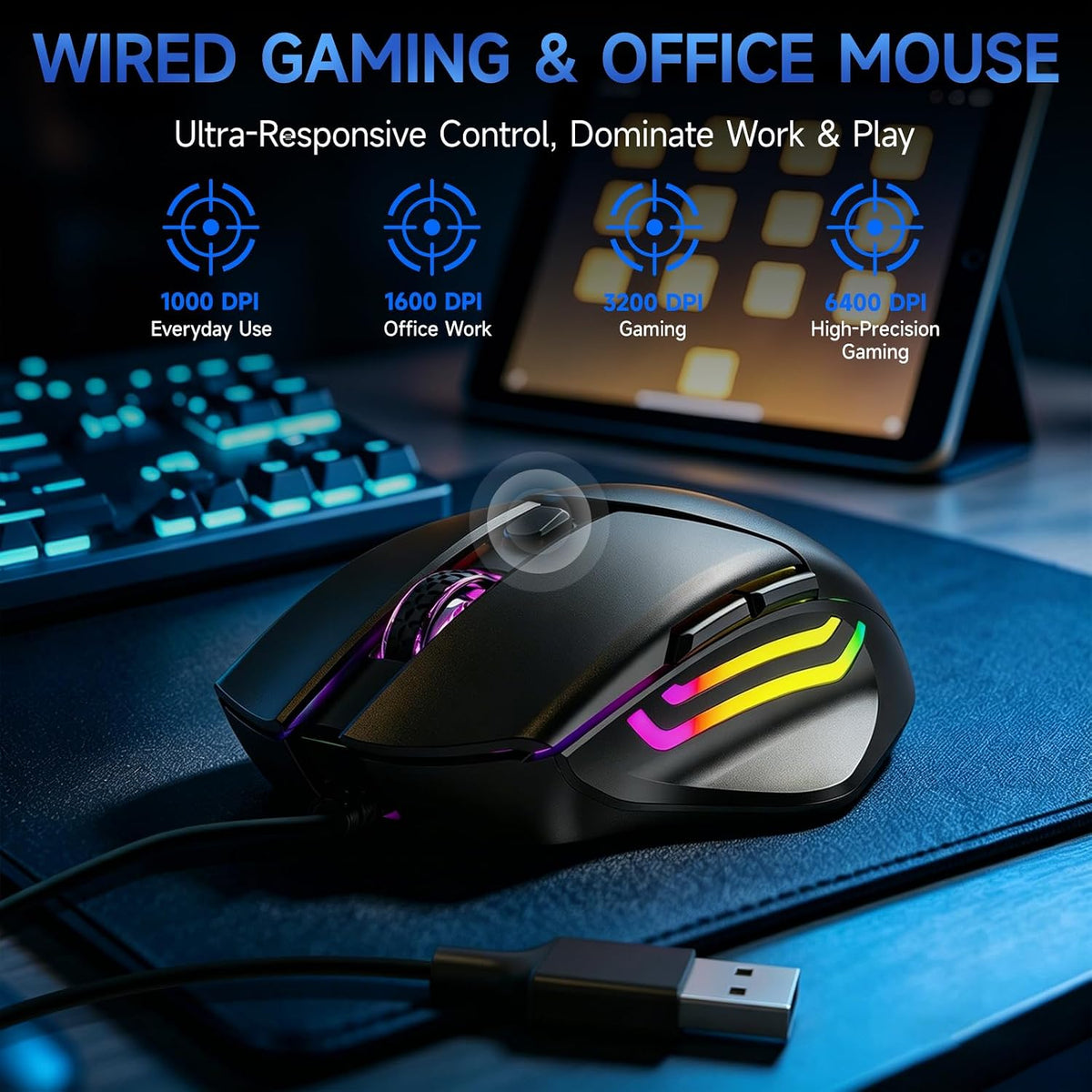 Wired RGB Keyboard and Mouse Combo, Adjustable Rainbow Backlit, 104-Key Full-...