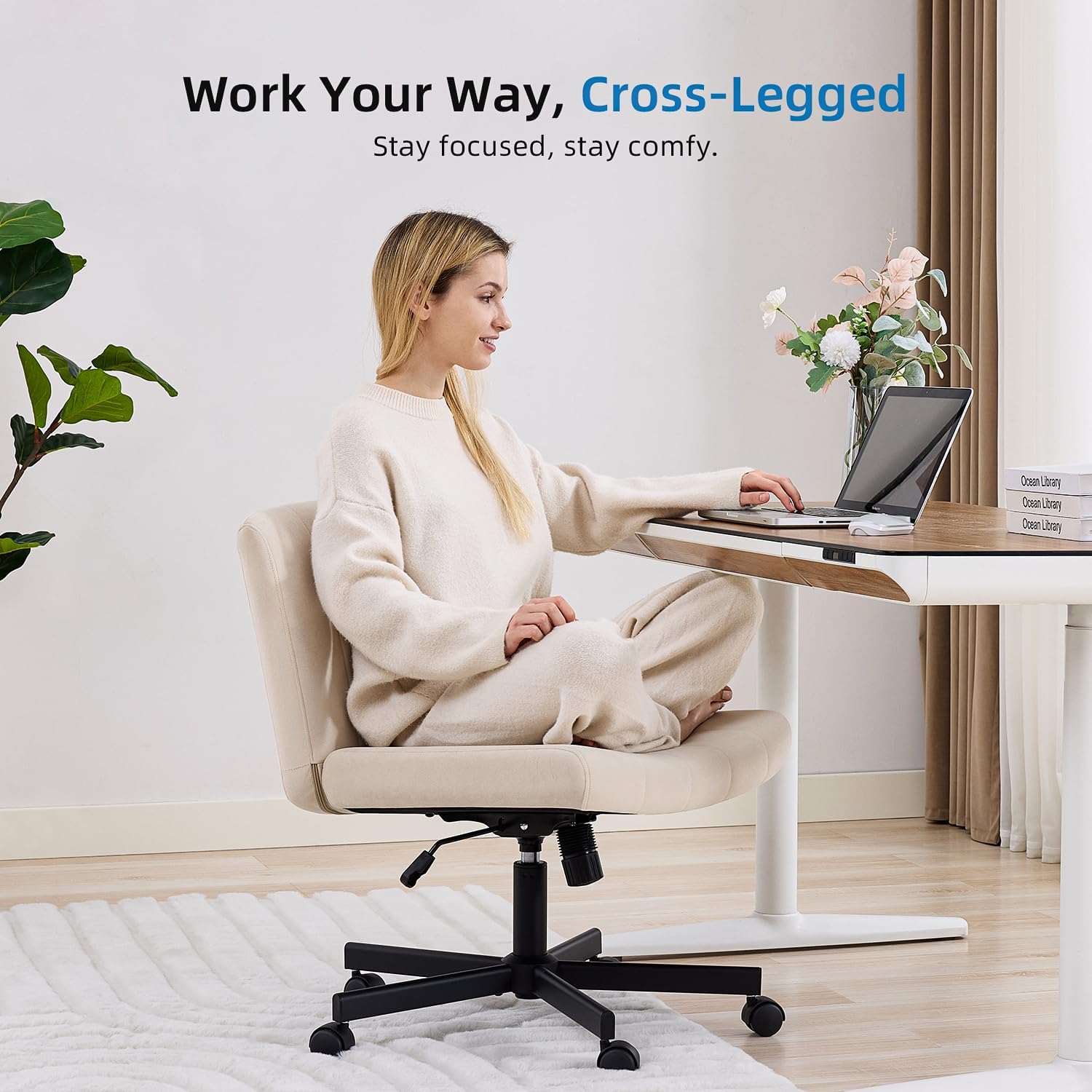 amseatec Criss Cross Office Chair with Wheels, Fabric Makeup Vanity Chair | Extra-deep 20.5" seat for cross-legged sitting. 330 lbs, SGS gas lift. 90-115° tilt, 360° swivel. Soft fabric, armless