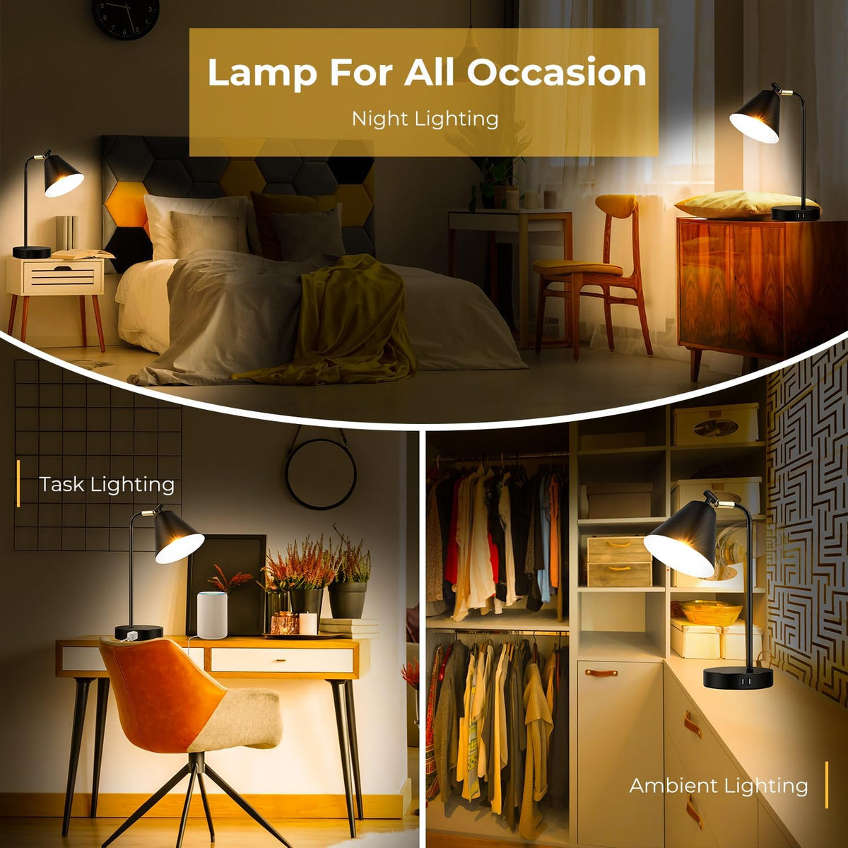 Industrial Dimmable Desk Lamp with 2 USB Charging Ports AC Outlet, Touch Cont...