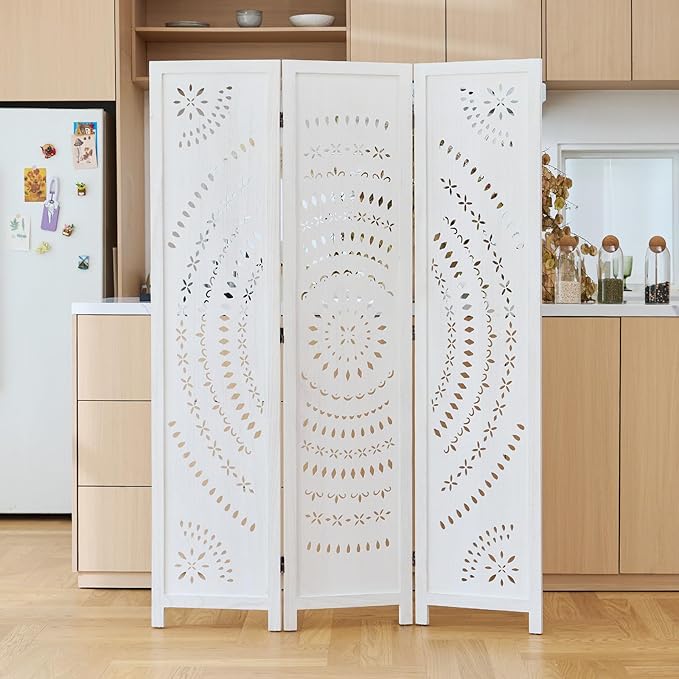 66.9Inch Folding Room Divider, 3 Panels Wood Carved Privacy Screens, Free - Image 7