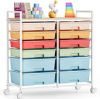 Rolling Storage Cart with 12 Drawers, Wooden Tabletop Utility Cart