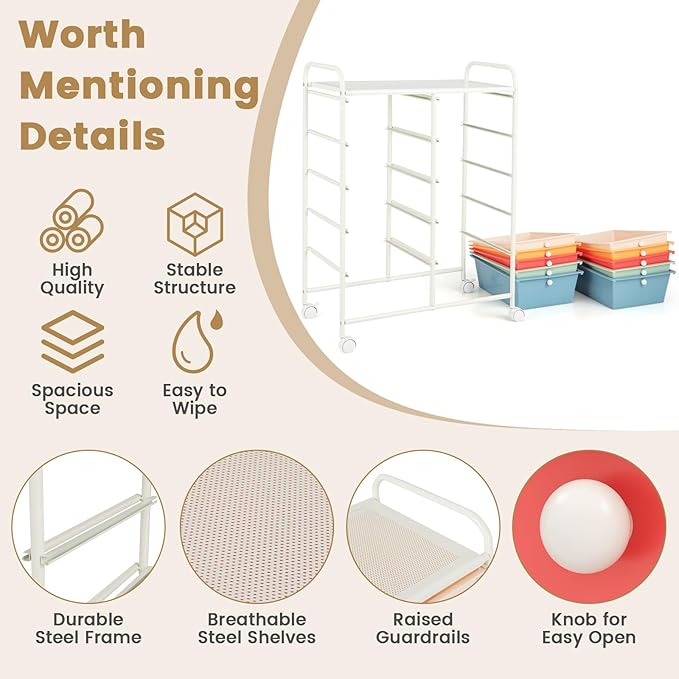 HAPPYGRILL 10-Drawer Rolling Storage Cart, Storage Organizer Cart - Image 4