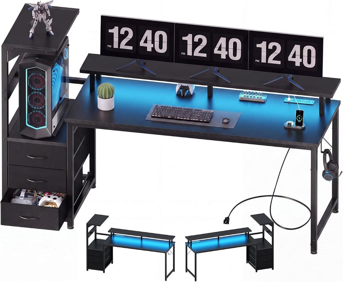 OLIXIS 59" Computer Desk with 3 Storage Drawers, Power Outlets, LED