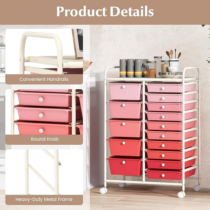 COSTWAY 15 Drawers Storage Cart, Mobile Tools Scrapbook Paper Organizer Cart - Image 6