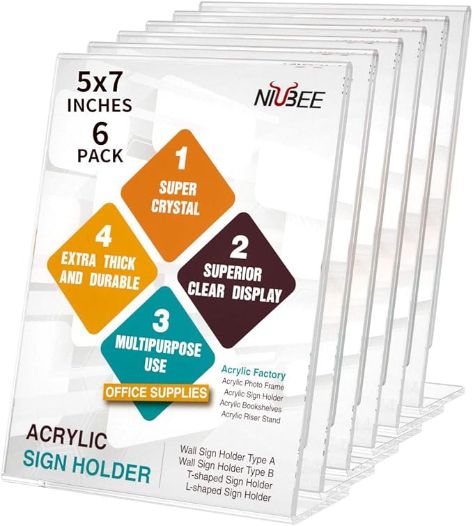 NIUBEE 6Pack Slant Back Acrylic Sign Holder 5x7 inches, Desktop Flyer Holder by NIUBEE
