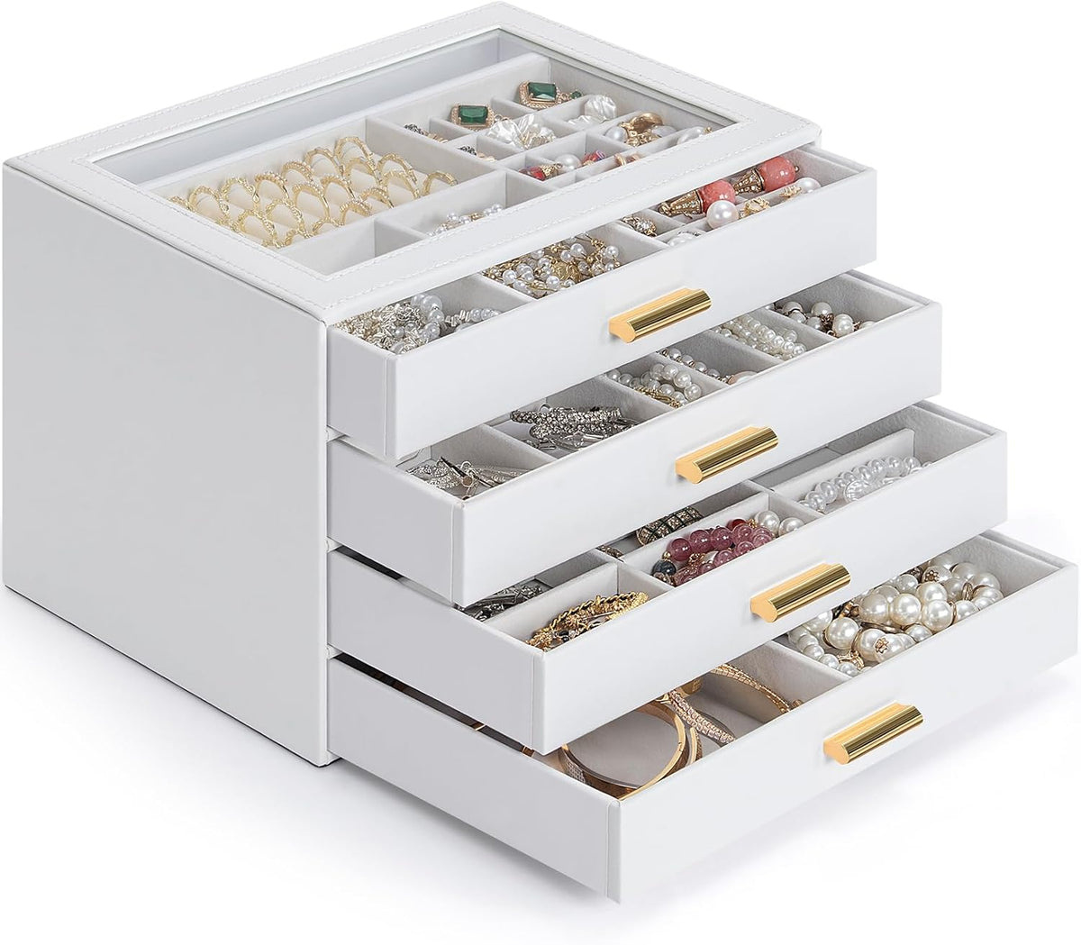 AKOZLIN Jewelry Box Organizer with Clear Lid 4 Drawers White