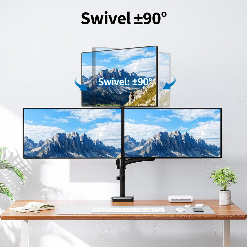 triple monitor mount fits max 32" computer screen, front angle view