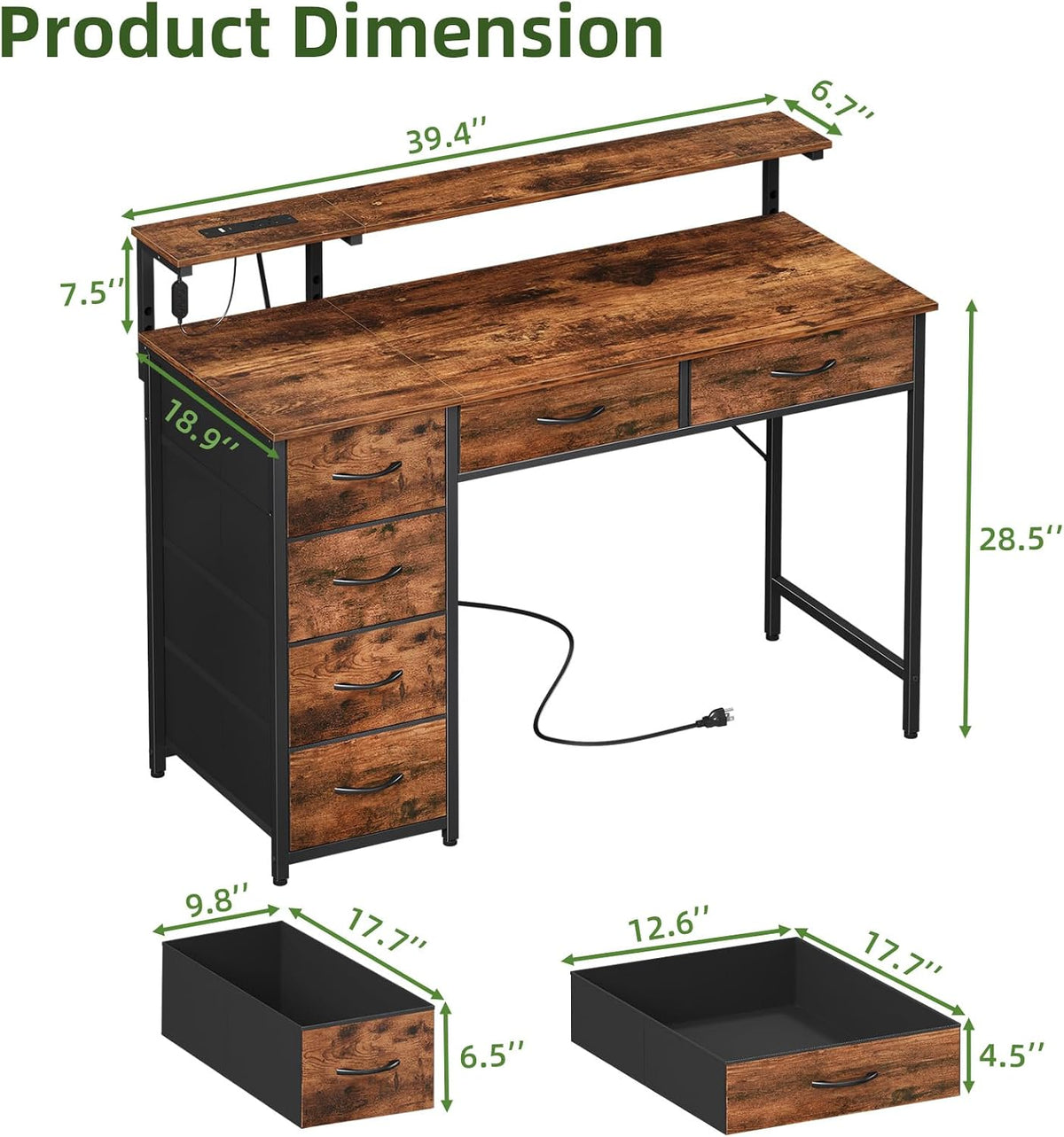 Somdot Computer Desk with Power Outlet and LED Lights, Desk with 6 Drawers