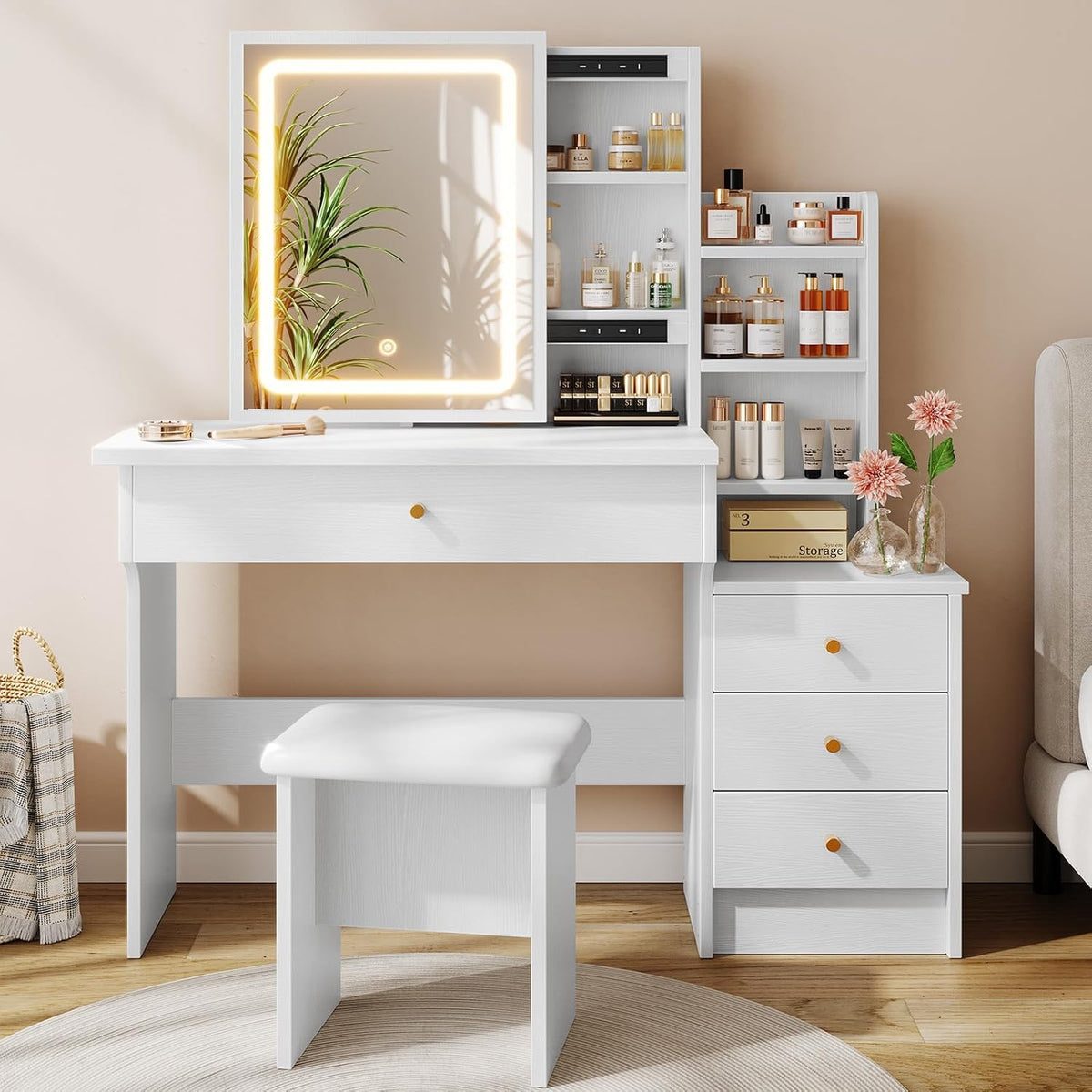 Memobarco White Makeup Vanity Desk with Sliding Mirror & 4 Drawers