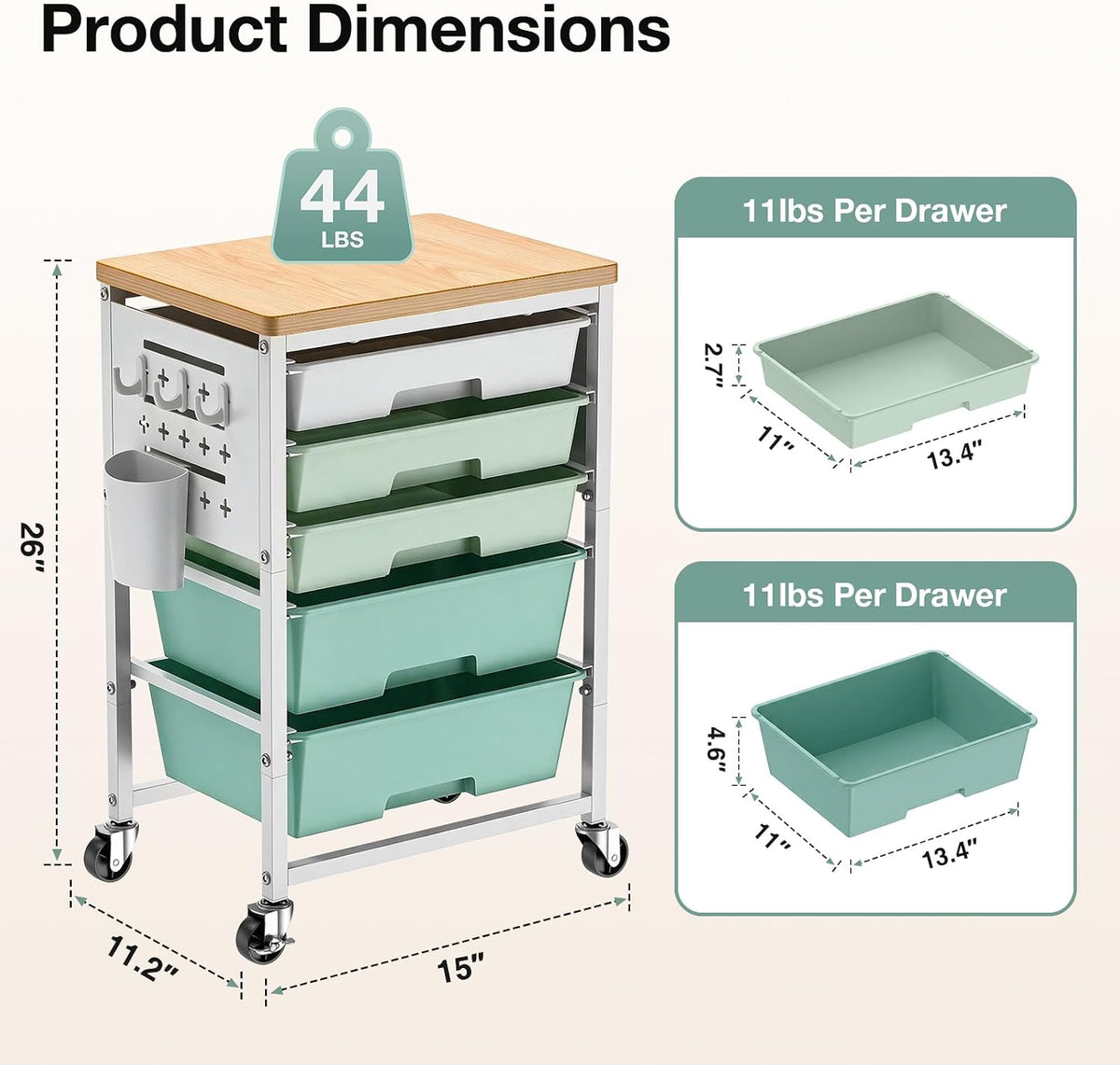 ALVOROG Rolling Storage Cart with 5 Drawers,Pegboards,Wooden Top,Bins,Green