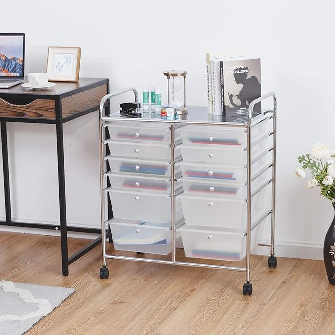 Happygrill 12-Drawer Rolling Storage Cart, 2 Sizes Plastic Drawers & Metal Shelf - Image 2
