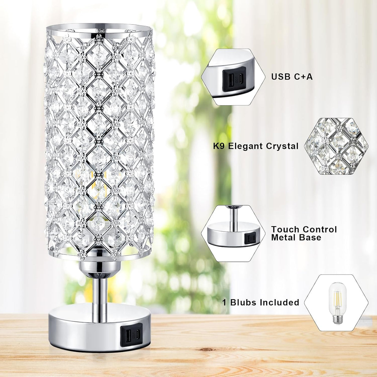 Sliver Crystal Table Lamp with Touch Control, Bedroom Light for Nightstand