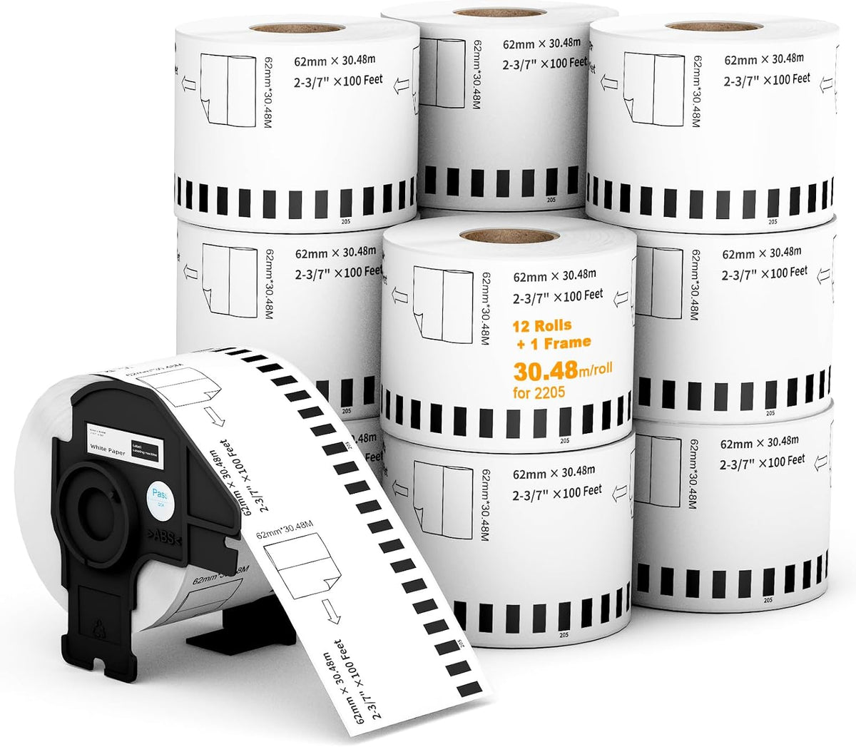 (12 Rolls + 1 Frame,30.48m Per Roll 3-Proof) Labelebal Dk 2-3/7" x 100' Direct Thermal Continuous Length Labels Replacement for DK-2205 Shipping Mailing Postage Compatible for Brother QL Printer