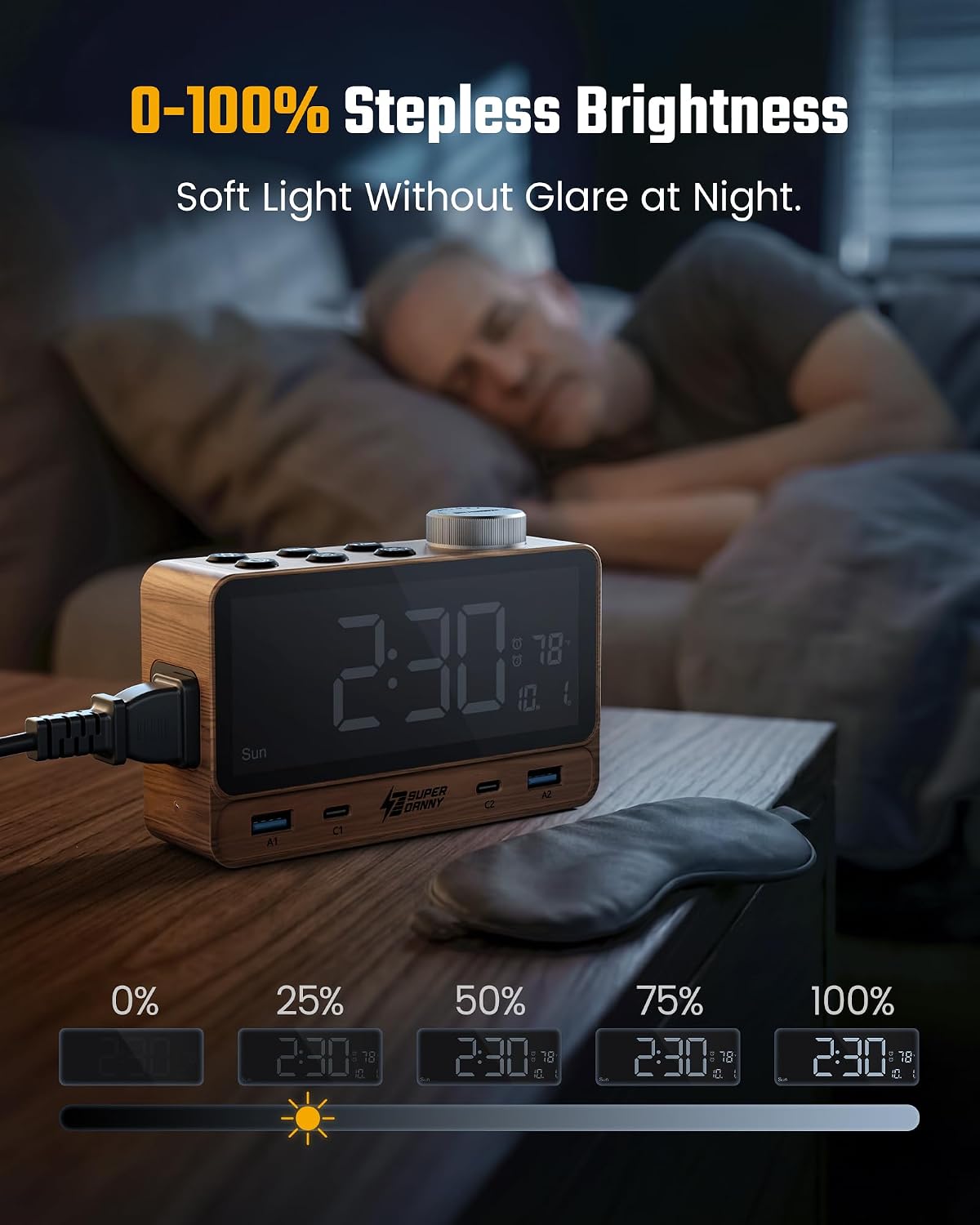 superdanny alarm clock with pd 20w, 4 usb on a desk or shelf