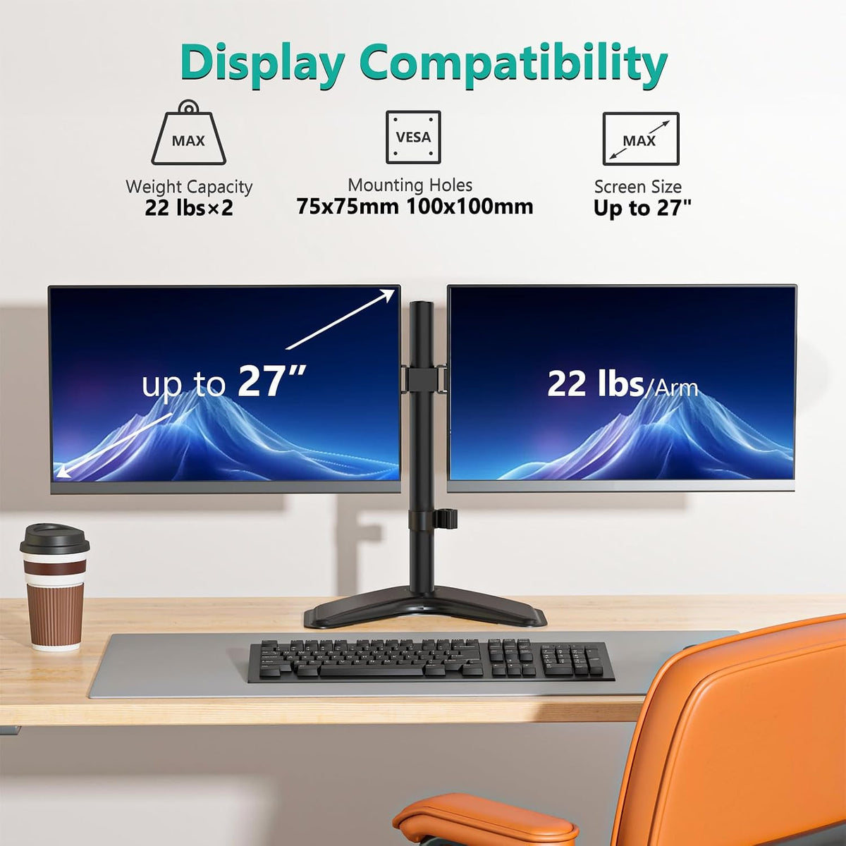wali freestanding dual monitor stand for 13-27 inch shown in use