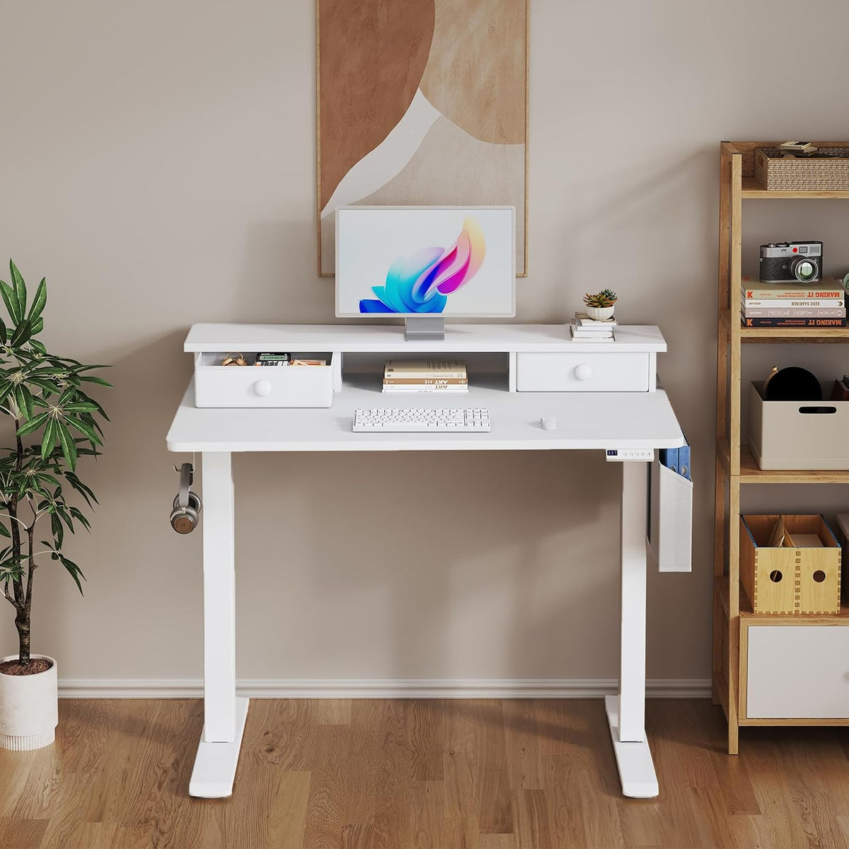KLUVIS White Electric Standing Desk with Drawers, 40 Inch