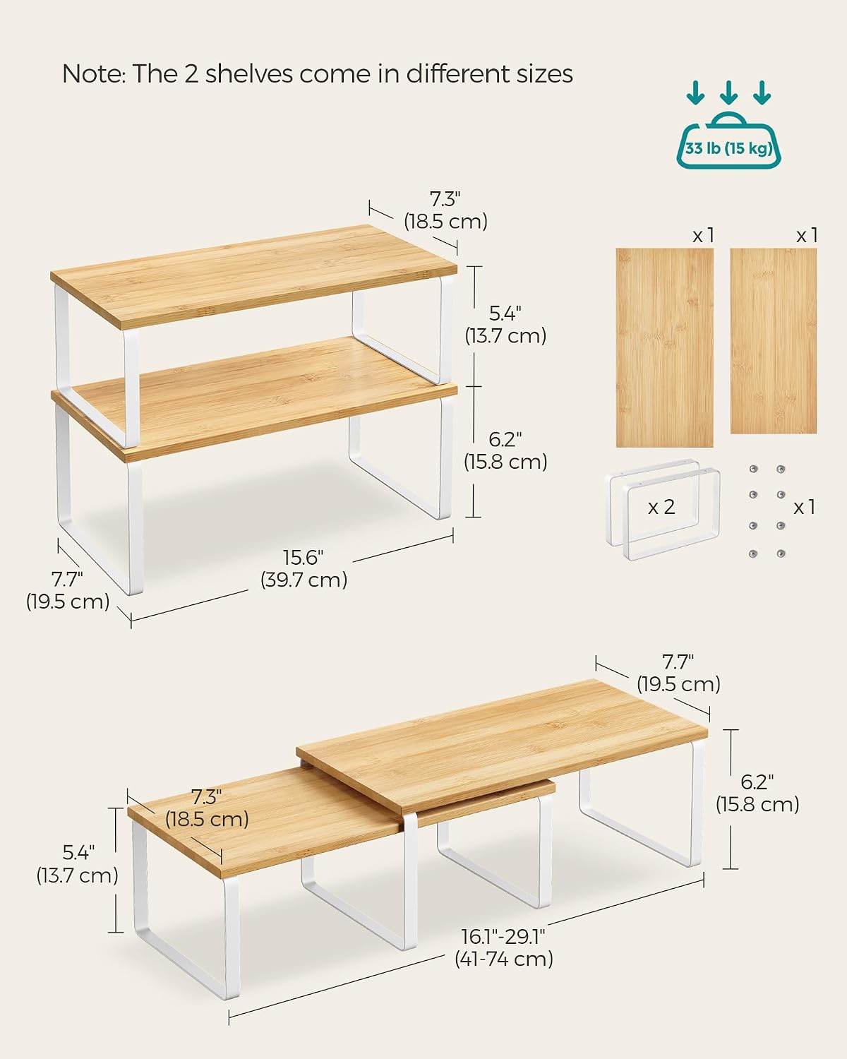 SONGMICS Cabinet Organizer Shelf, Set of 2 Spice Rack, Kitchen Storage