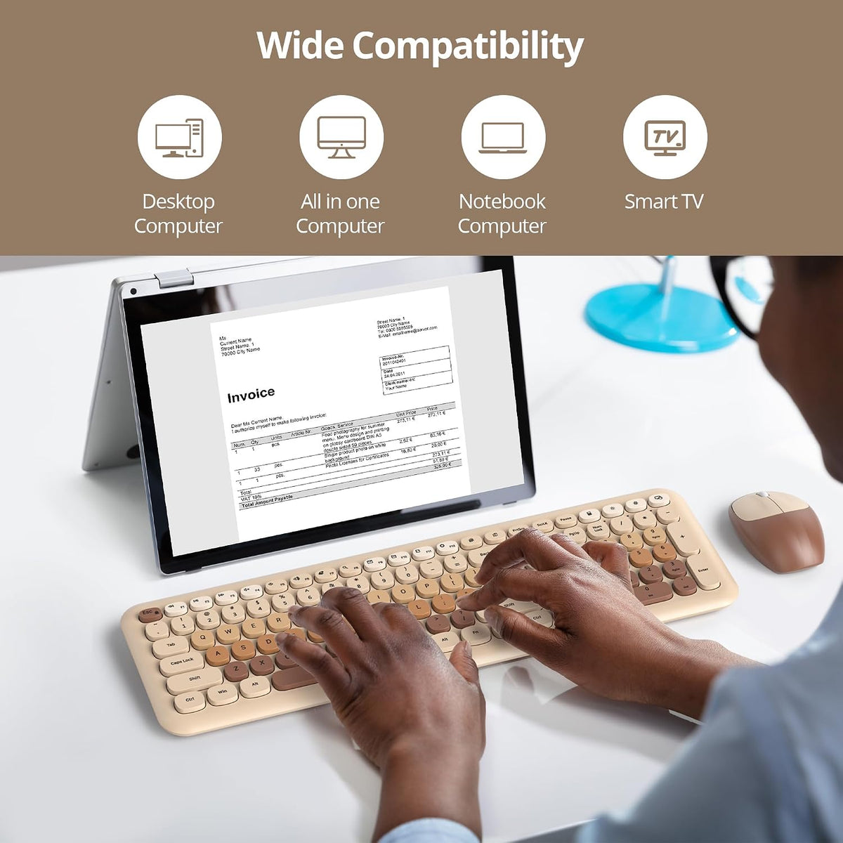 surmen Quiet Brown Keyboard and Mouse Wireless,Cute Neutral Keyboard,Coffee
