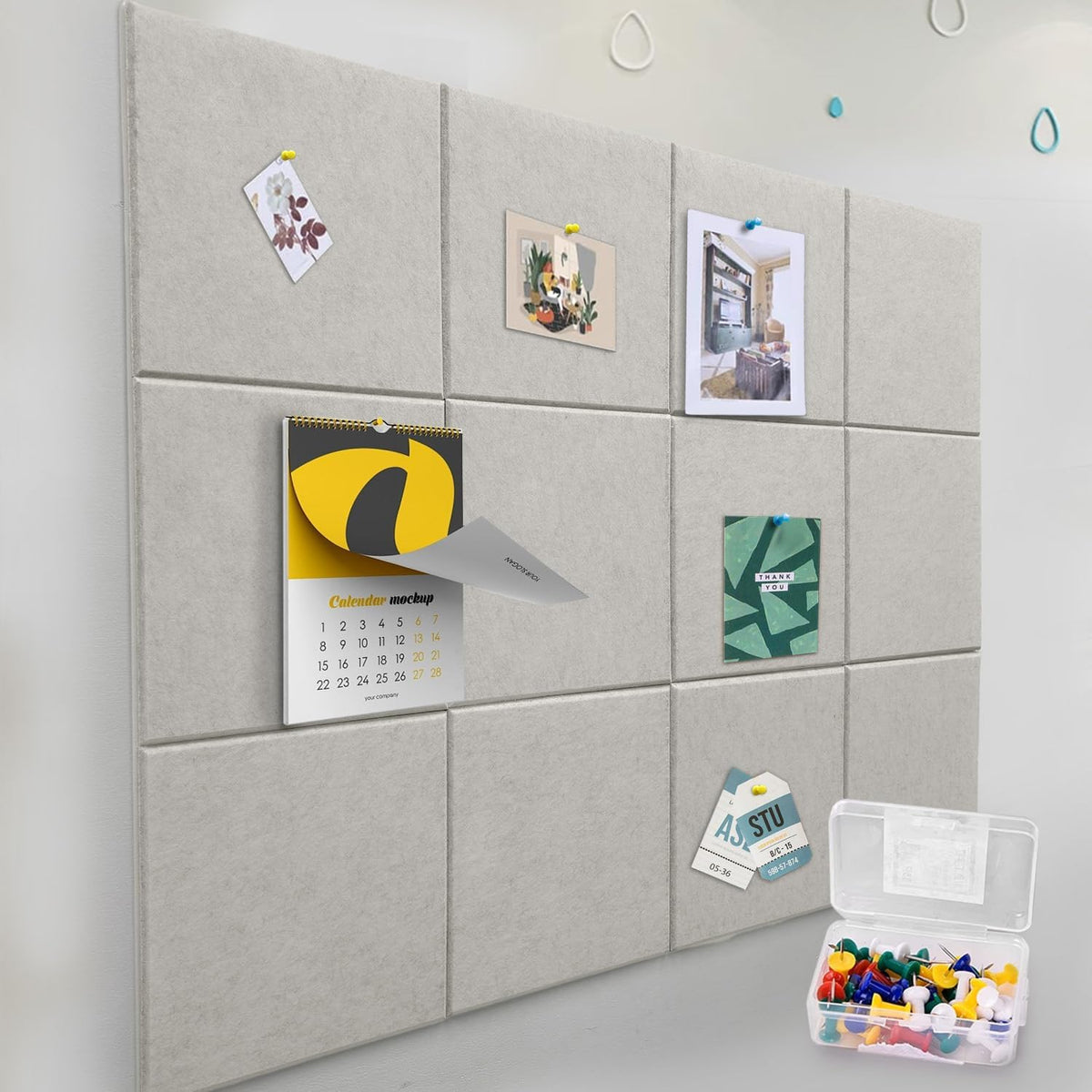 Felt Wall Tiles Bulletin Board with Removable Adhesive, 47"x35" Bei...