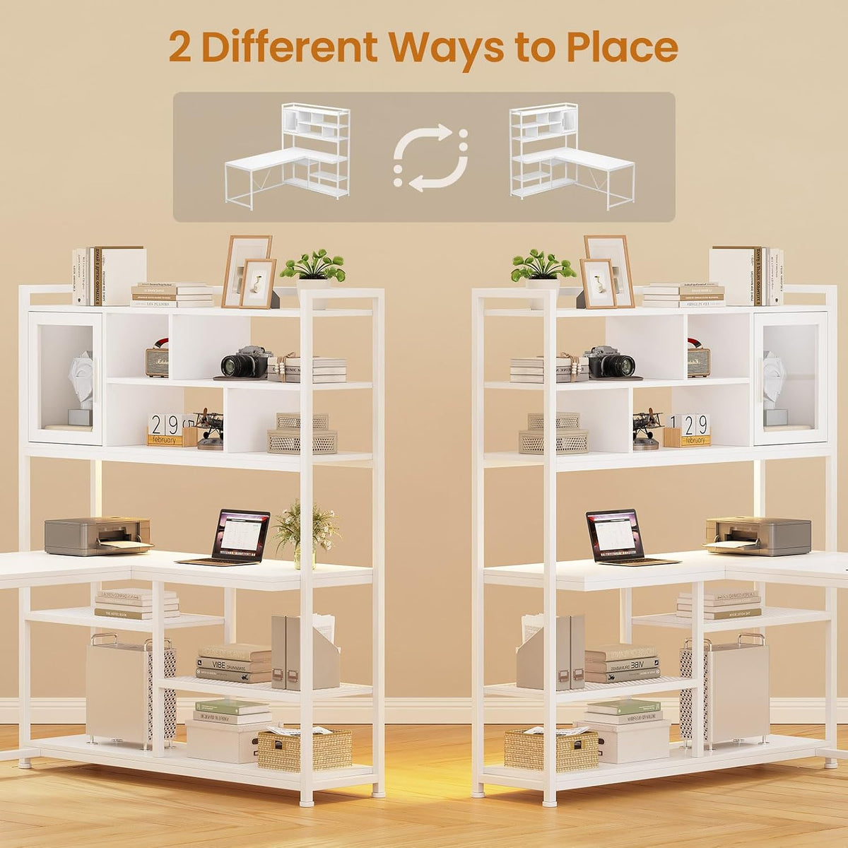 SEDETA L Shaped Computer Desk with Storage Shelves and Bookshelf, White