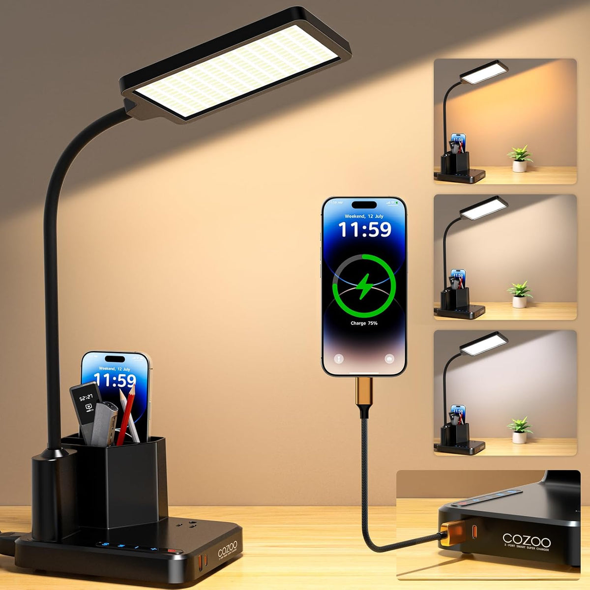 Desk Lamp, COZOO LED Desk Lamps for Home Office with USB Charging Port/Outlet...