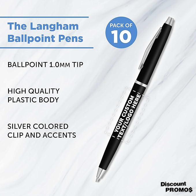 DISCOUNT PROMOS Custom Langham Ballpoint Pens Set of 10, Personalized Bulk Pack - Image 3