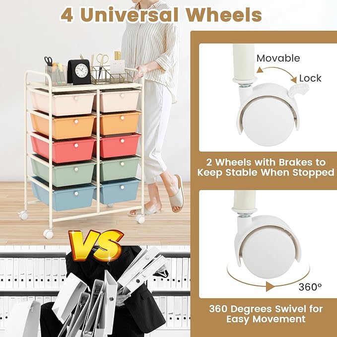 HAPPYGRILL 10-Drawer Rolling Storage Cart, Storage Organizer Cart - Image 5