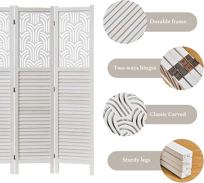 Svimi Folding Room Divider, 66.9 Inch 4 Panels Wood Carved Privacy Screens - Image 4