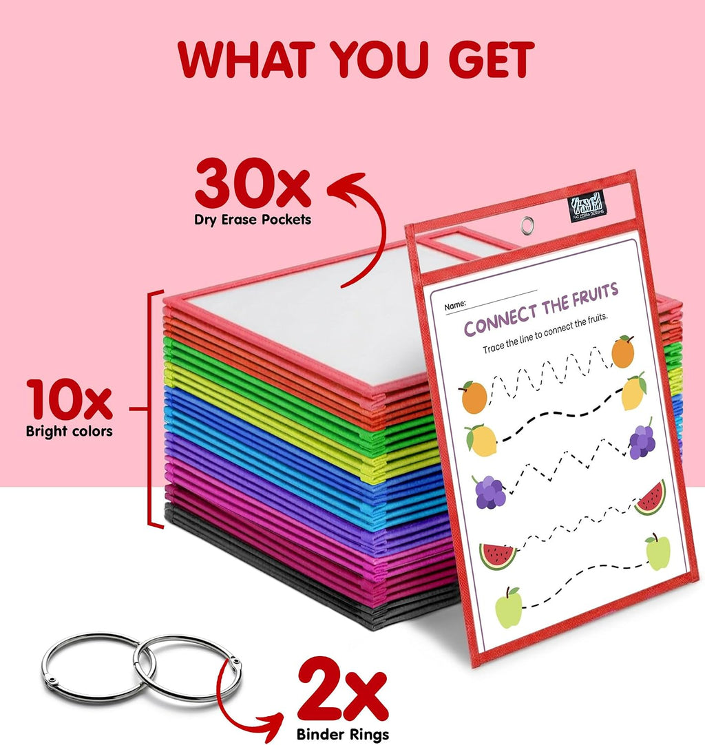 30 Packs Reusable Dry Erase Pockets Sleeves with 2 Binder Rings - 10 Color Set - 10x14 Oversized dry erase sheet protectors with Clear Pocket Sleeves -School Supplies for Teachers classroom must haves