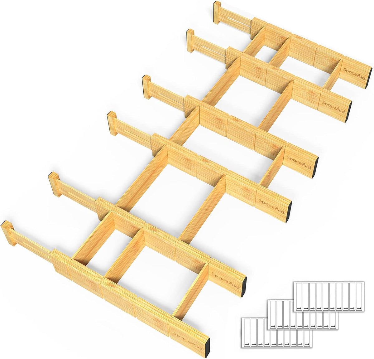 SpaceAid Bamboo Drawer Dividers with Inserts and Labels, Kitchen Adjustable D...
