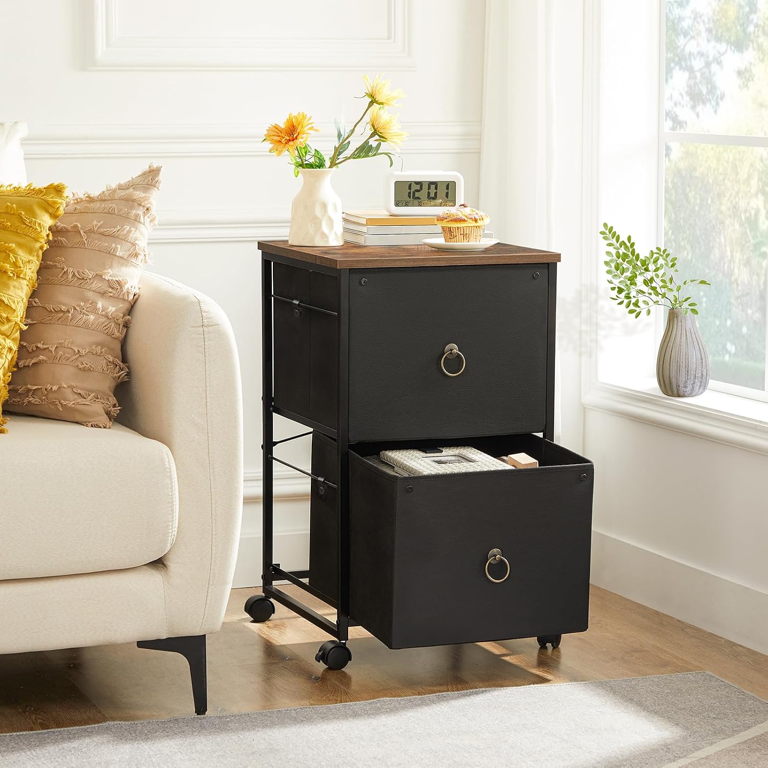 HOOBRO 2 Drawer Mobile File Cabinet, Rolling Printer Stand, Vertical Filing Cabinet, Office Drawers, Filing Cart for Home Office, A4/Letter Size, Nonwovens Drawer, Black and Rustic Brown BFK20WJ01