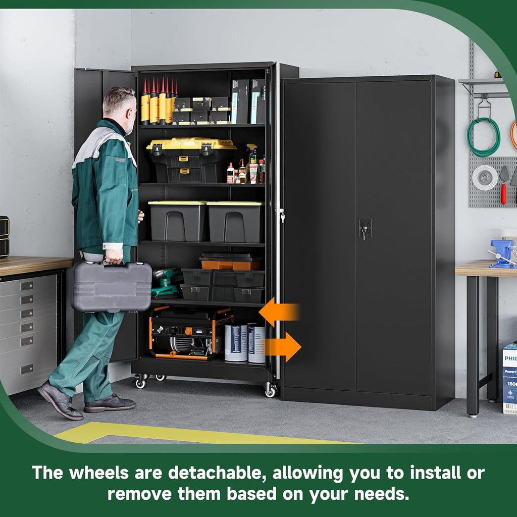 letaya metal garage storage cabinets with wheels,steel tool, side view