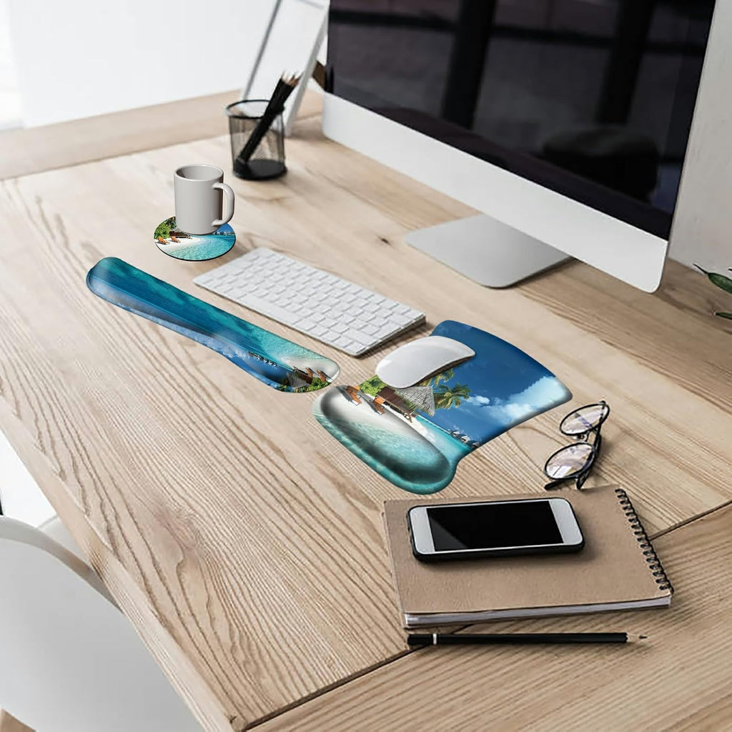 Keyboard Wrist Rest and Mouse Wrist Rest Pad Set, Made of Memory Foam with Non Slip Rubber Base Ergonomic Gel Wrist Rest for Computer Keyboard Gaming Office Working, with Beach Sand Coaster