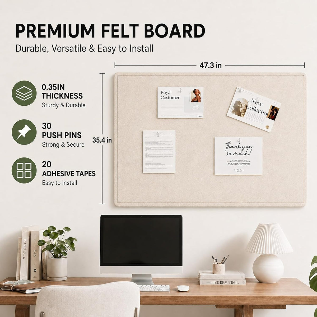 Beige Large Felt Bulletin Board for Wall 48 x 36 Inch Frameless