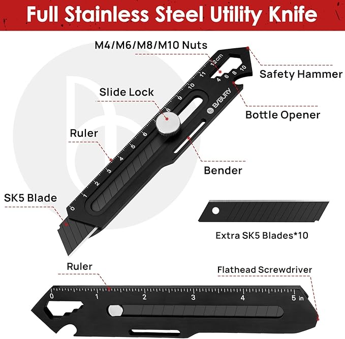 BIBURY 2 Pack Utility Knife, Heave Duty Full Stainless Steel Retractable Box - Image 2