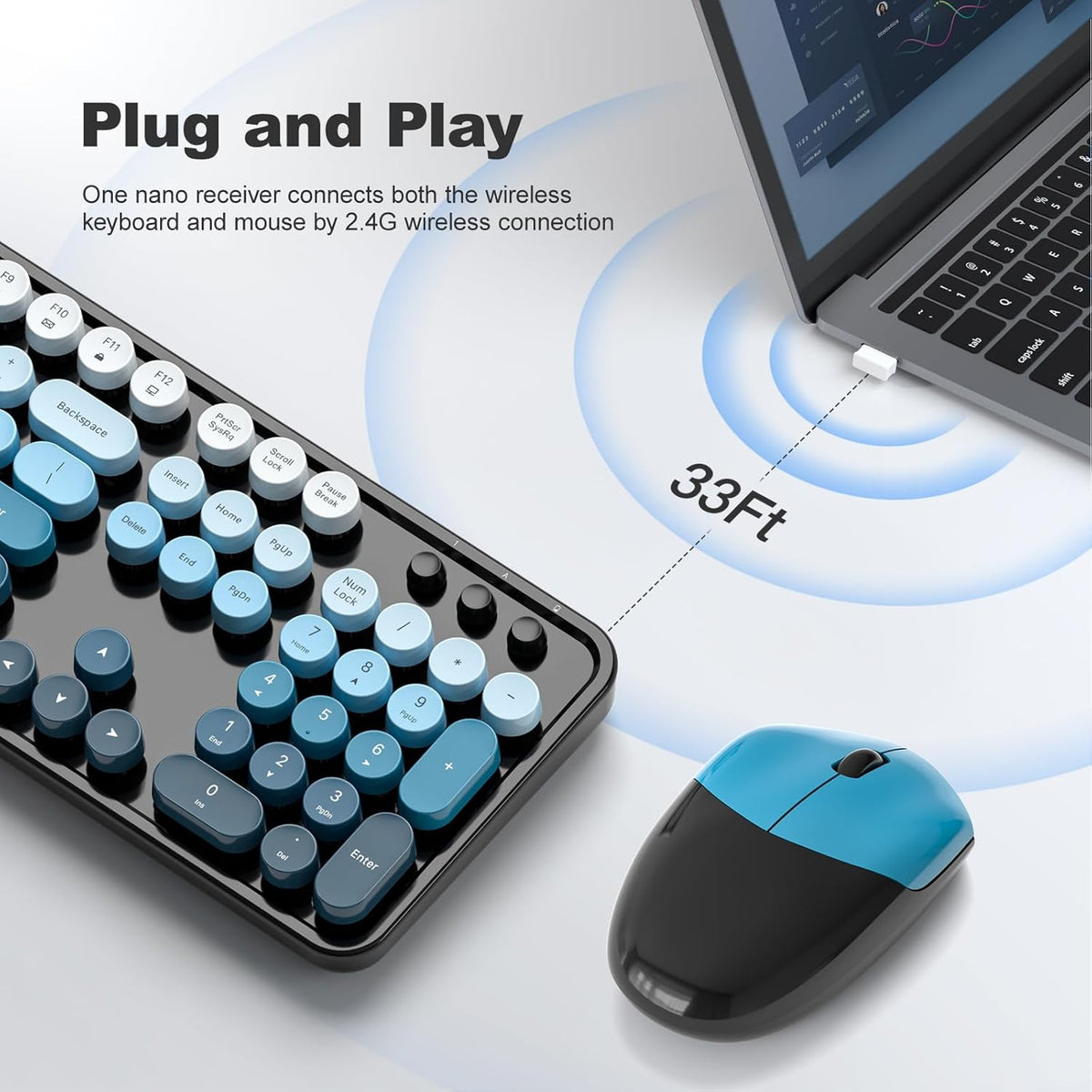 MOWUX Wireless Keyboard and Mouse Combo, Full Size Typewriter Retro Round Com...