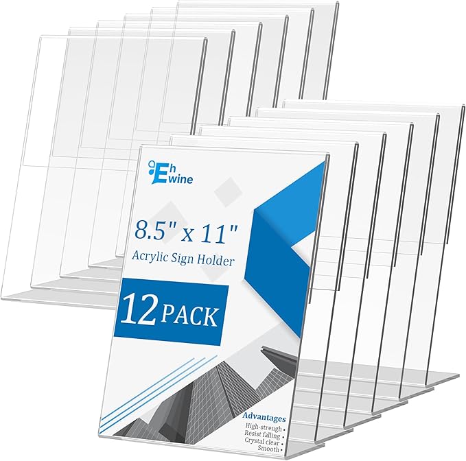 EHWINE 12 Pack Acrylic Sign Holder 8.5 x 11, L Shape Clear Plastic Display Stand by EHWINE