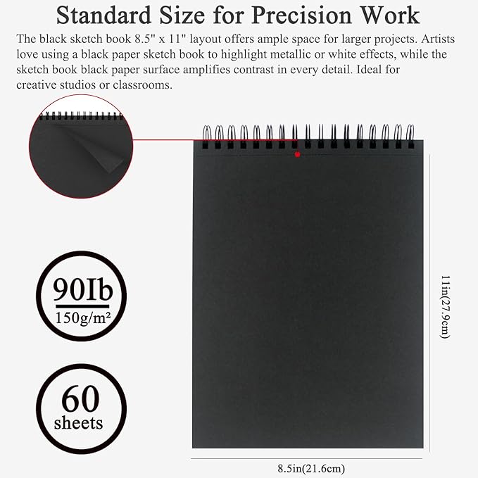 Fuxi Black Paper Notebook, 60 Sheets Spiral Sketchbook 8.5 x 11, Hardcover | - Image 2