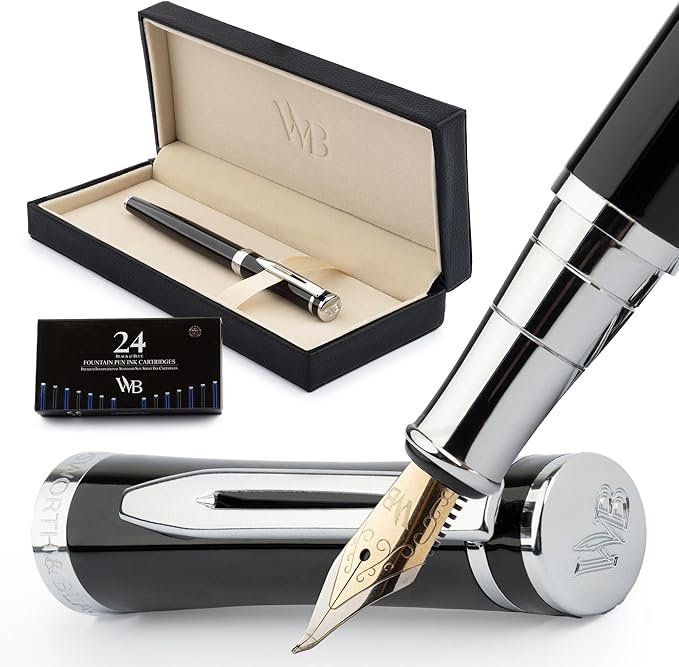 Wordsworth & Black Fountain Pen Set, Bent Nib, Includes 24 Pack Ink Cartridges by WordsworthBlack