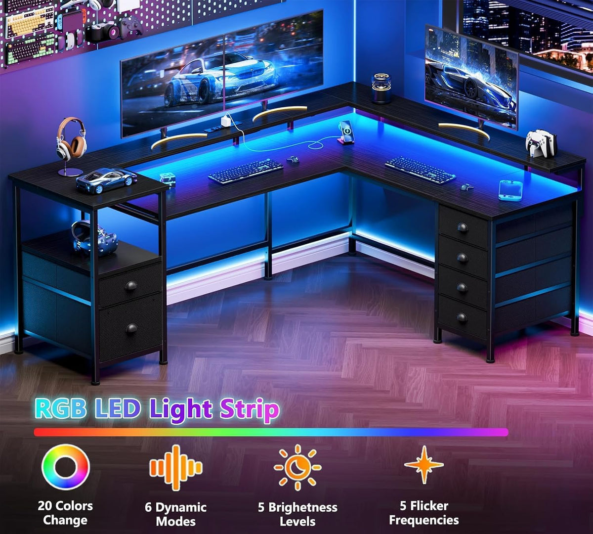 Furologee 66'' L Shaped Gaming Desk with 6 Drawers, LED, Outlets, Black