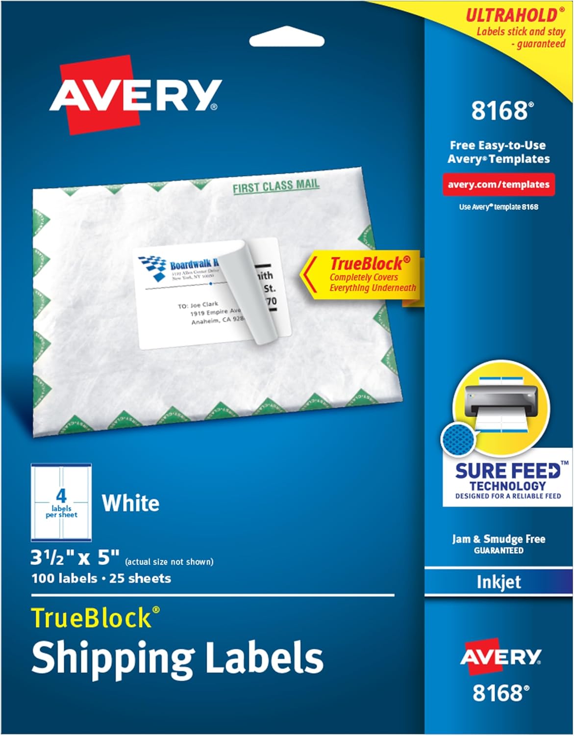 Avery Printable Shipping Labels with Sure Feed, 3.5" x 5", White, 100 Blank Mailing Labels (8168)
