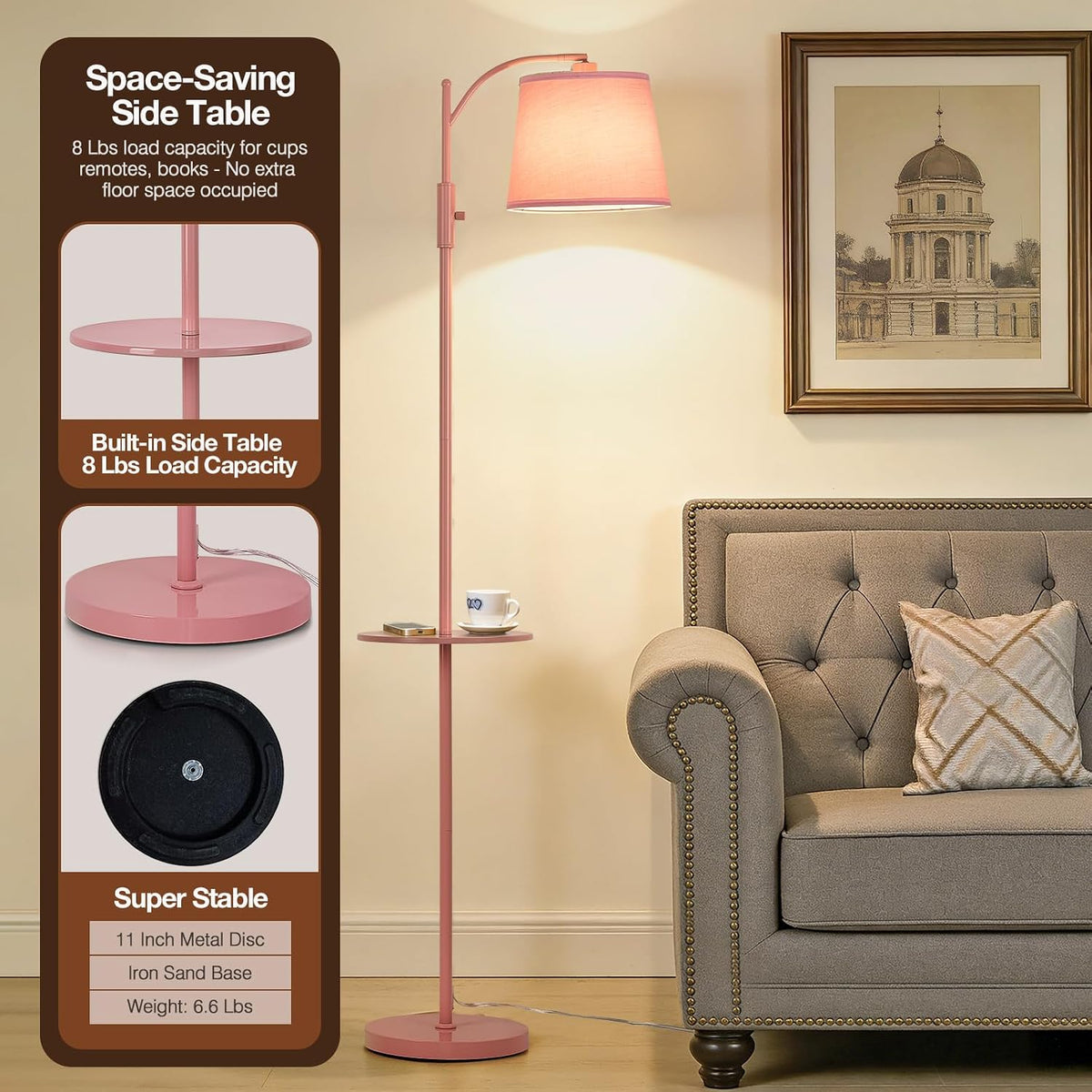 AIDENOEY Pink Floor Lamp with Table, Dimmable Standing Lamp, Living Room