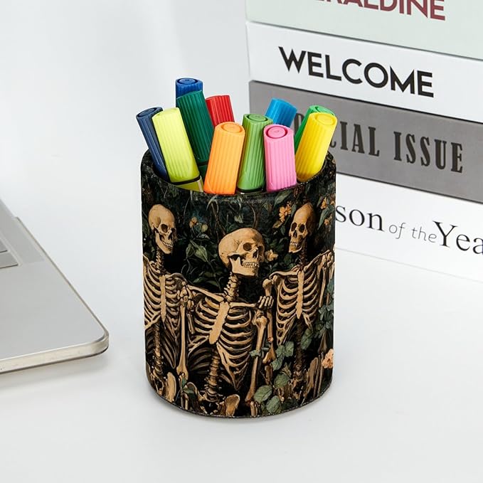 Leather Pen Holder for Desk, Skeleton Flower Pencil Cup Desktop Organizer - Image 5