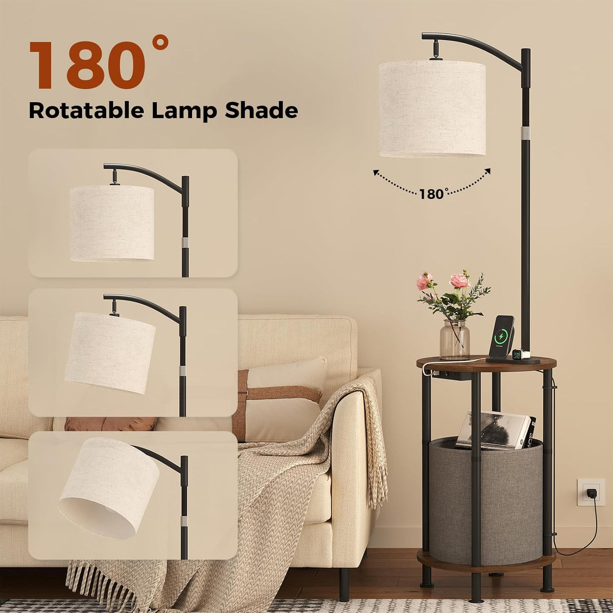 Floor Lamp with Table,Nightstand with Charging Station Living Room