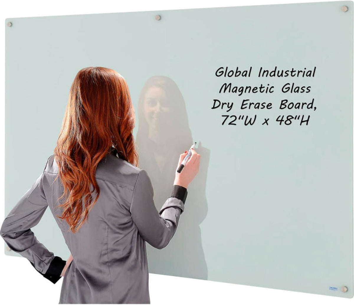 Global Industrial 72" W x 48" H Magnetic Glass Whiteboard, Frameles...