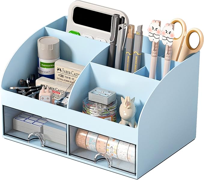 Desk Organizer with 6 Compartments and 2 Drawers, Plastic Makeup Organizer by COMFYROOM