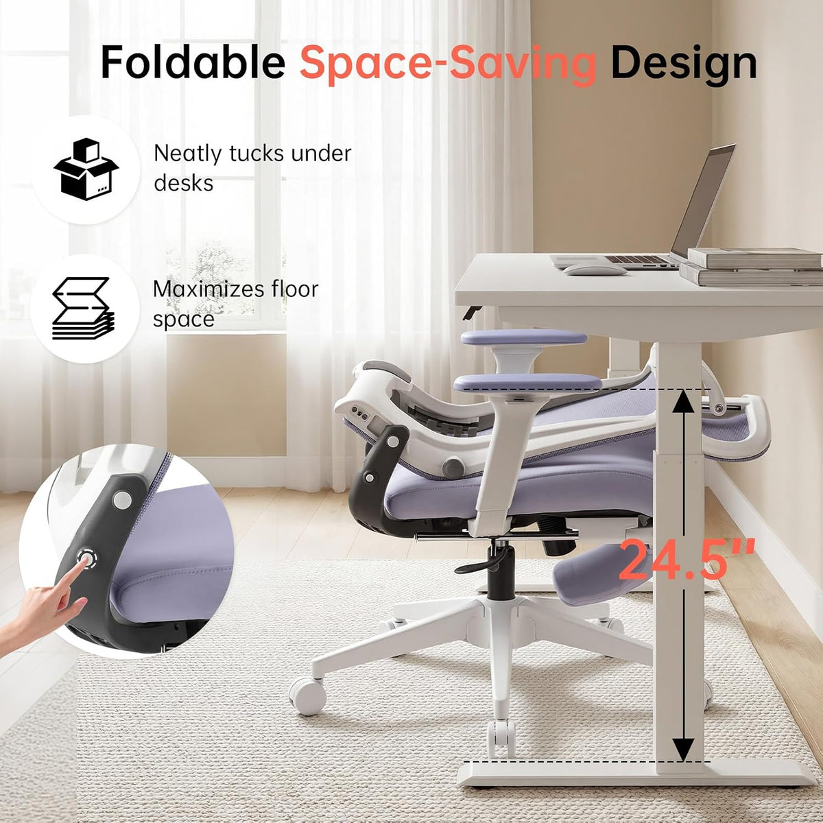 Ergonomic Foldable Office Chair with Footrest and Lumbar Support, Purple