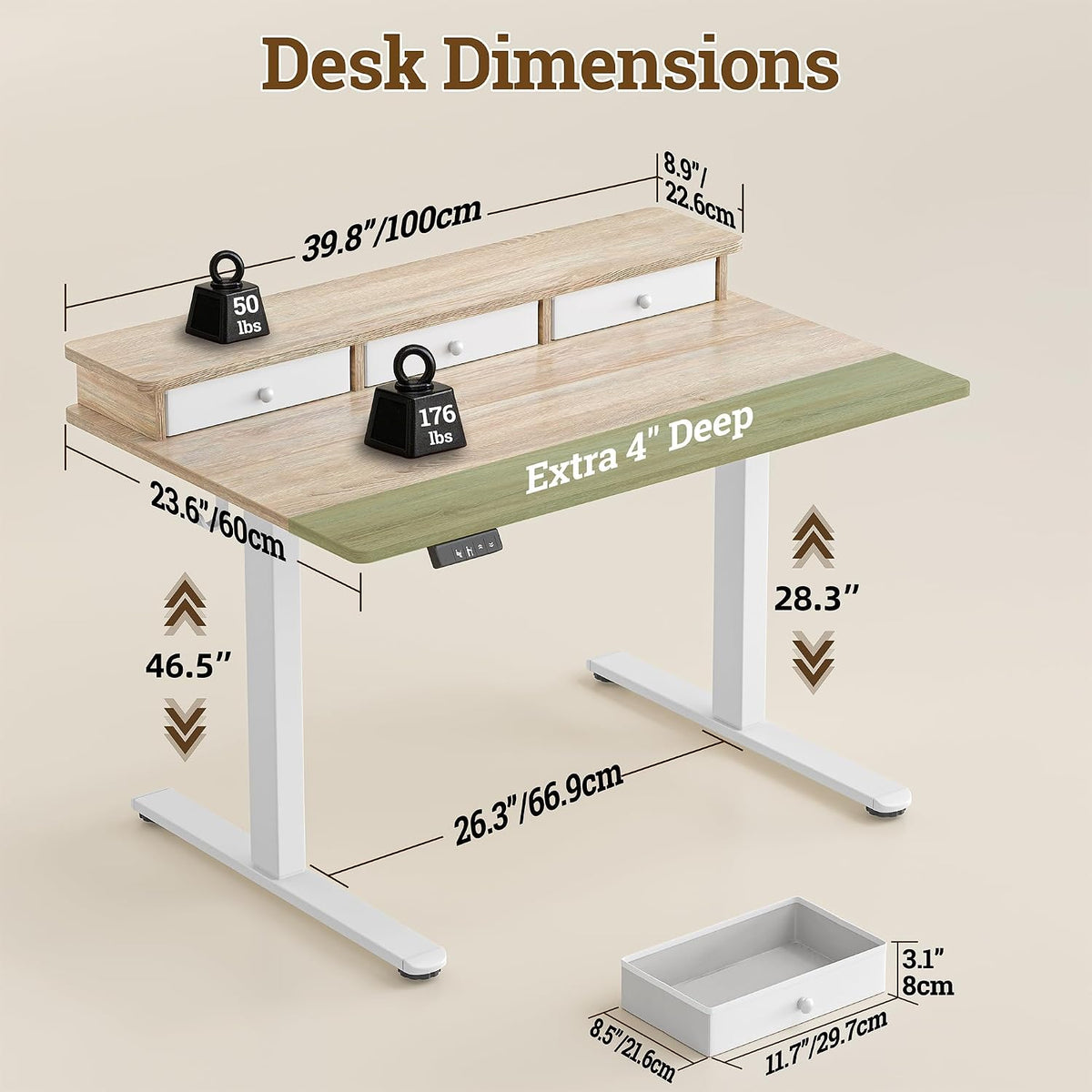 TIQLAB Small Standing Desk with 3 Drawers, 40" Computer Desk Girls, Maple